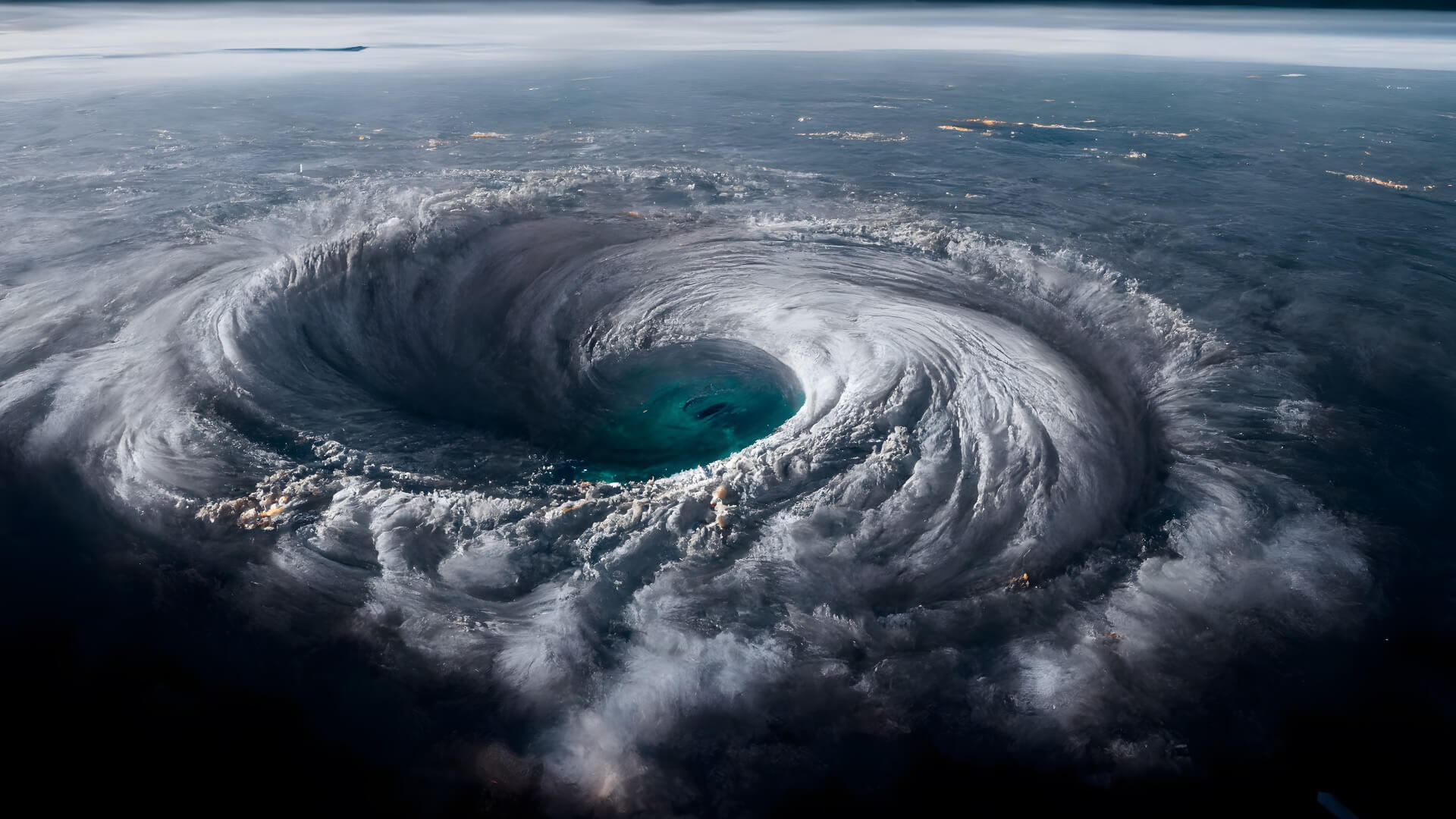 A hurricane is viewed from space as a mass spiral of clouds with a large, clear eye in the centre.