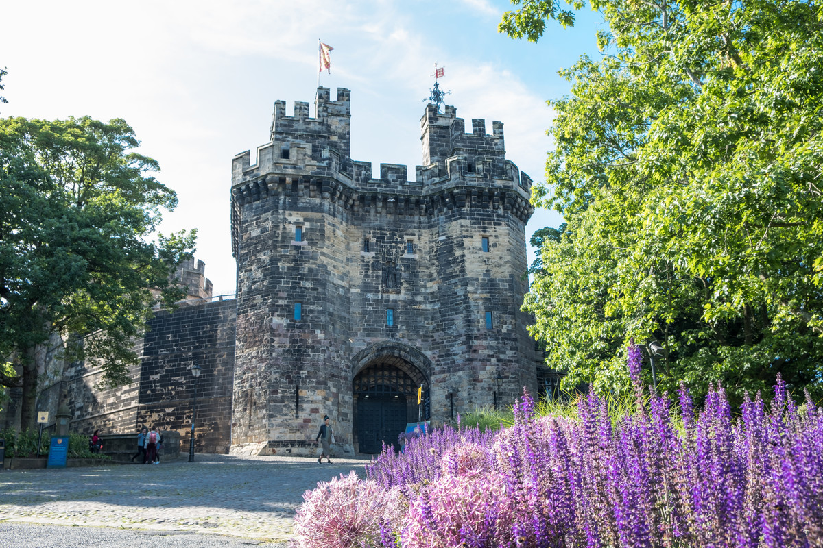 The entrance of Lancaster Castle in spring.