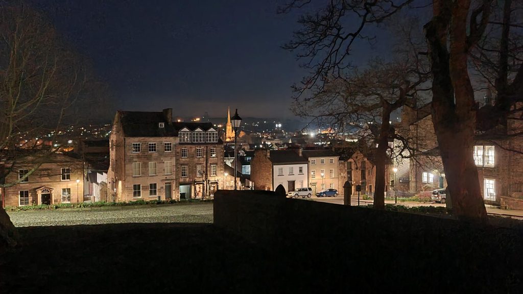 A view of Lancaster city from the castle at night.