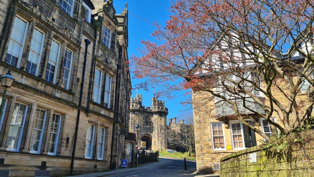 A view of the street leading up to Lancaster Castle.