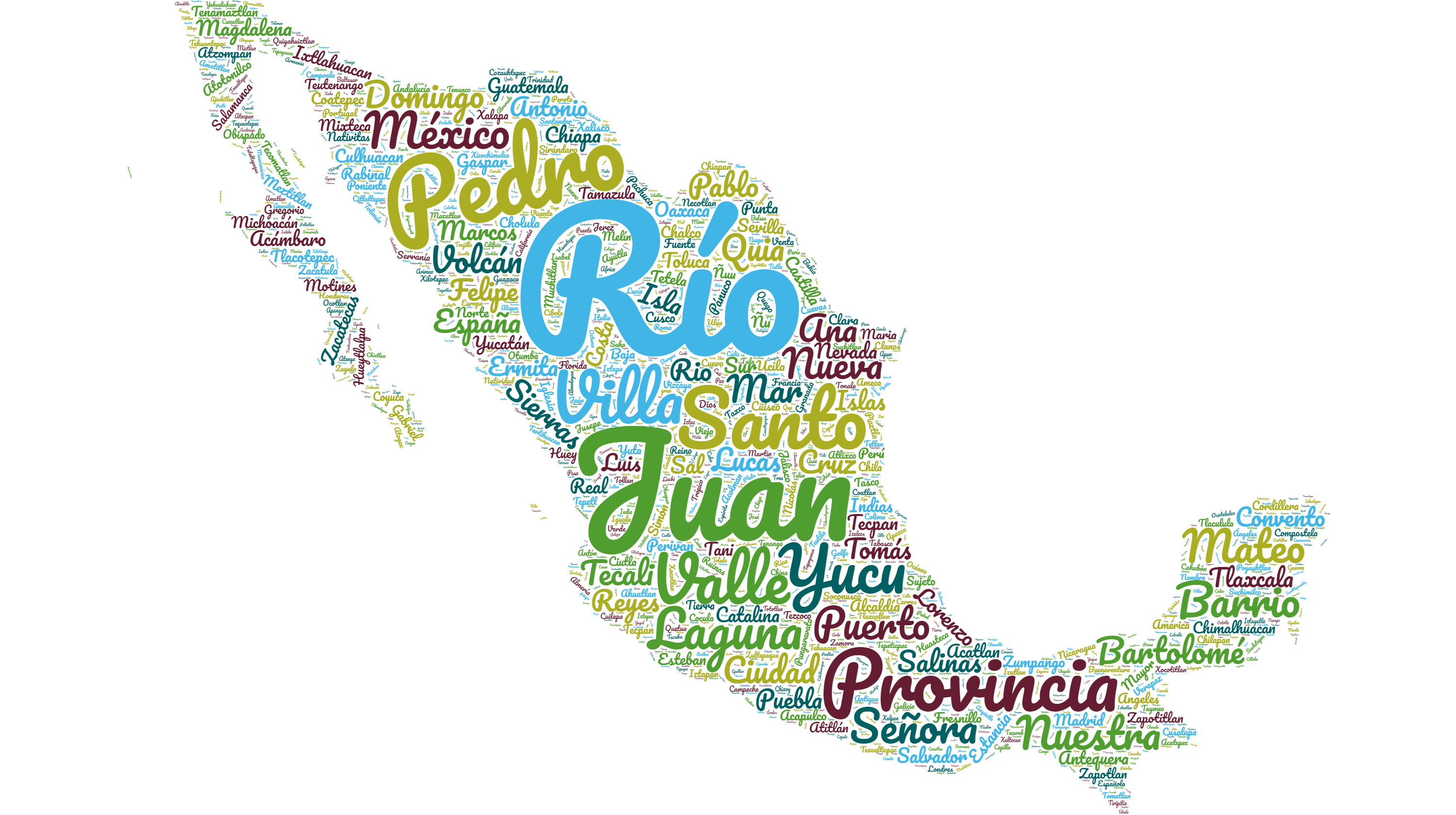 wordcloud comprised of toponyms mentioned in Rene Acuña's editions of the Relaciones Geograficas