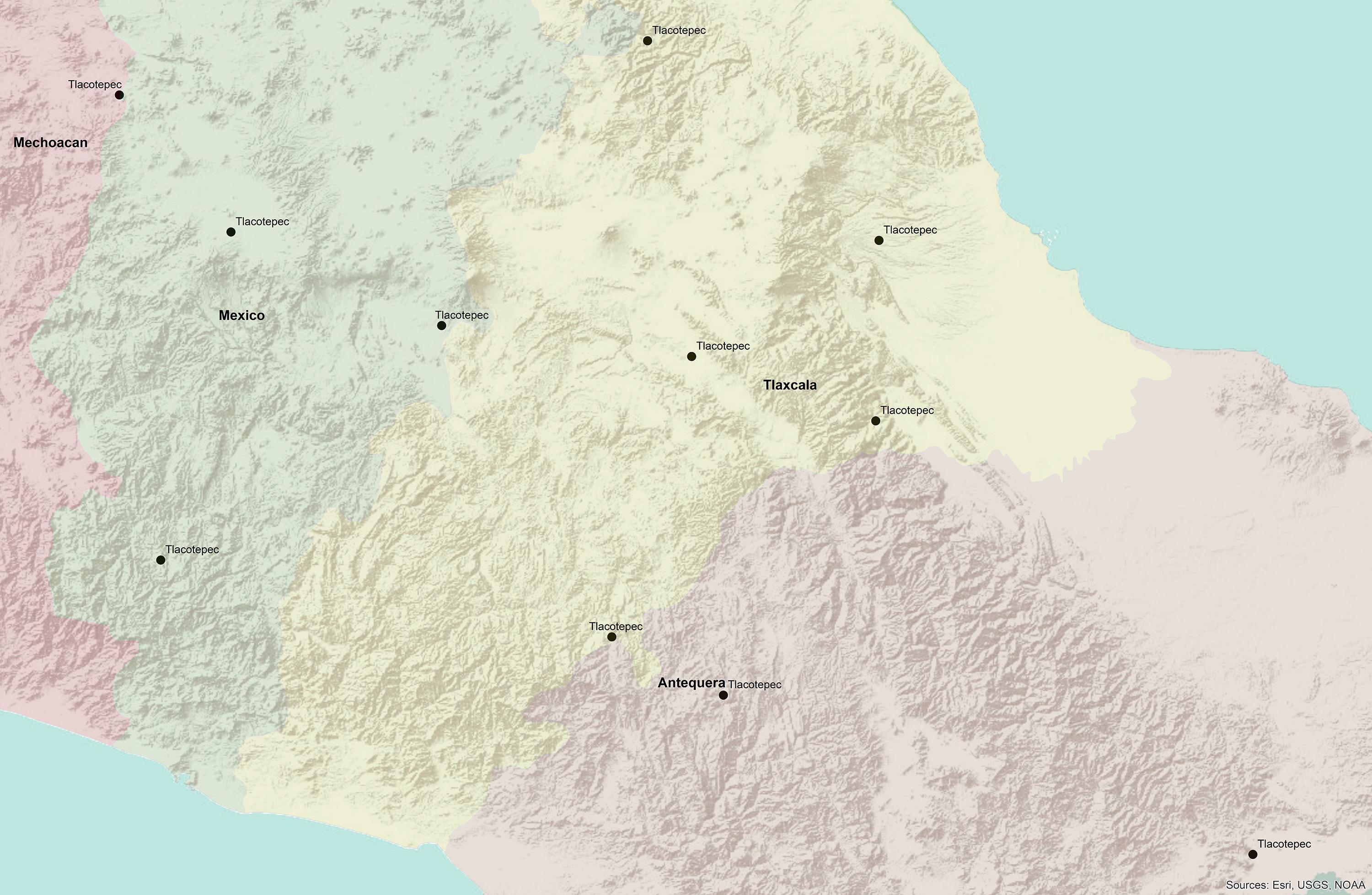 Map displaying multiple occurrences of the toponym Tlacotepec across central Mexico