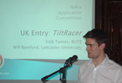 Will Bamford presenting Tiltracer at the Nokia final in Budapest.