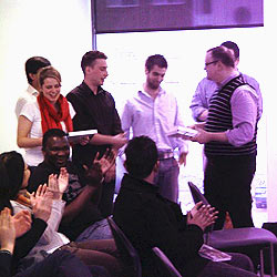Some of the winners being congratulated at GameJam @ InfoLab21