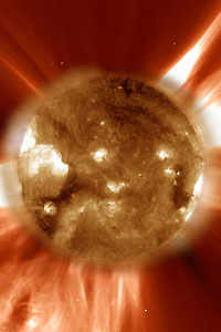 An ultraviolet image of a coronal mass ejection, blasting enormous bubbles of magnetic plasma into space (image: NASA)