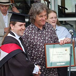 Paul Gragory with honorary Lancaster University graduate, Top Gear's James May