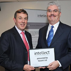 John Higgins CBE presents Glyn Jones with Savant's Business Professional Certificate