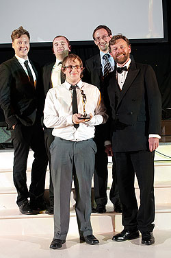 Back Row: Russ Leonard (Account Handler), Jason Whittle (Senior Developer), Matt Hutchinson (Agency Manager) Front Row: Dave Duke (Senior Developer), Presenting the Award Charles Hadcock, Chair of Creative Lancashire