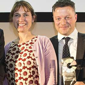 Lancaster University's Helen Fogg and Dion Williams with their Commercial Engagement Award. Copyright Don't Panic/Phil Tragen.