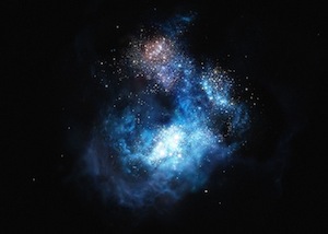 Astronomers using ESO’s Very Large Telescope have discovered by far the brightest galaxy yet found in the early Universe and found strong evidence that examples of the first generation of stars lurk within it. These massive, brilliant, and previously purely theoretical objects were the creators of the first heavy elements in history — the elements necessary to forge the stars around us today, the planets that orbit them, and life as we know it. The newly found galaxy, labelled CR7, is three times brighter than the brightest distant galaxy known up to now.