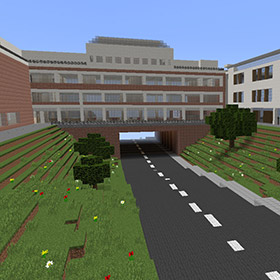 Key features of Lancaster University's campus have been recreated already within Minecraft, such as the underpass.