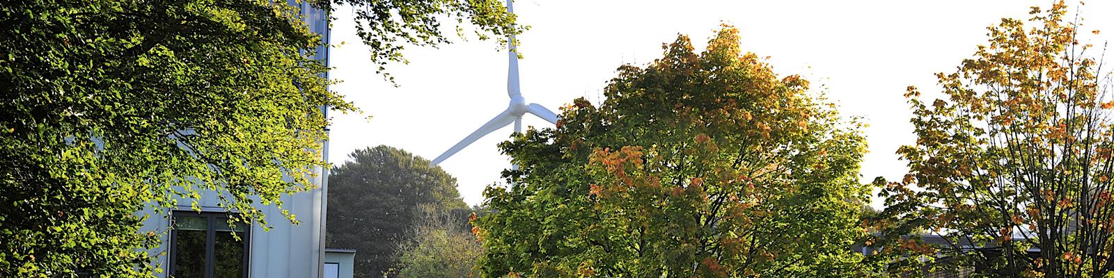 The Lancaster University wind turbine viewed through the trees on campus