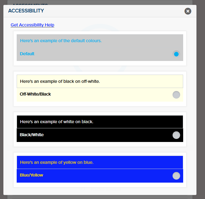 Screenshot of the accessibility options page in the SHL system