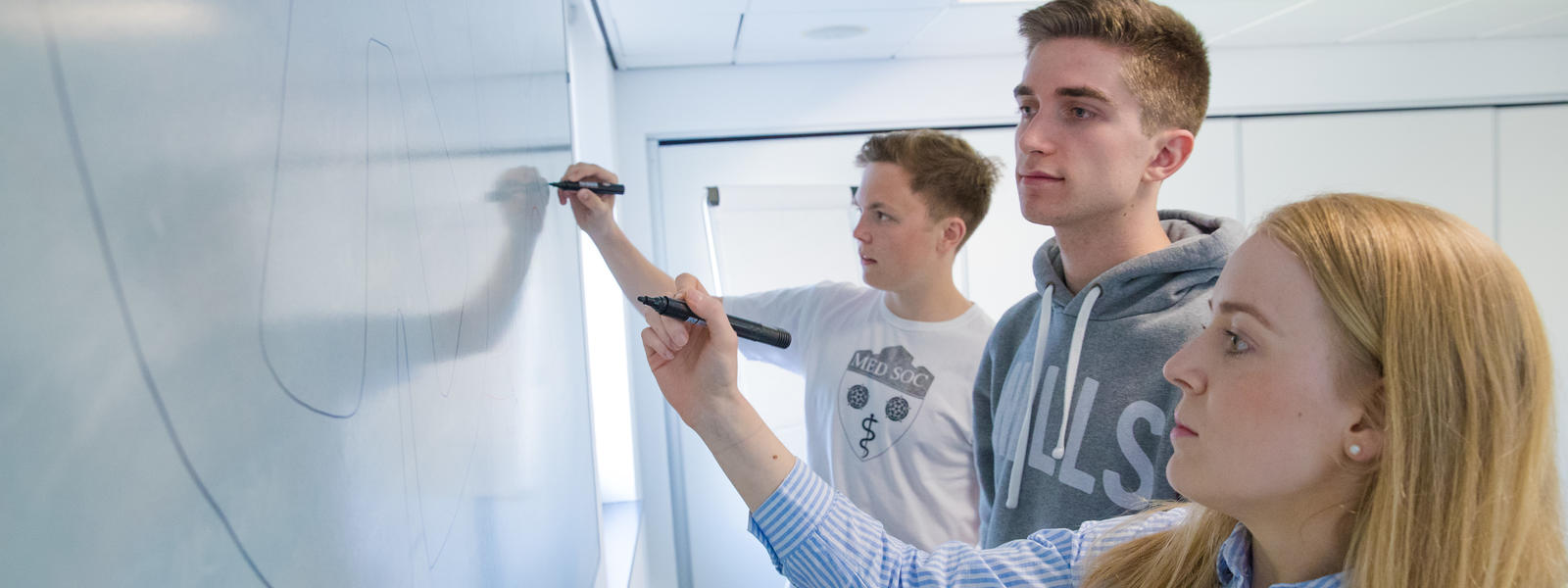 Three students work on a whiteboard
