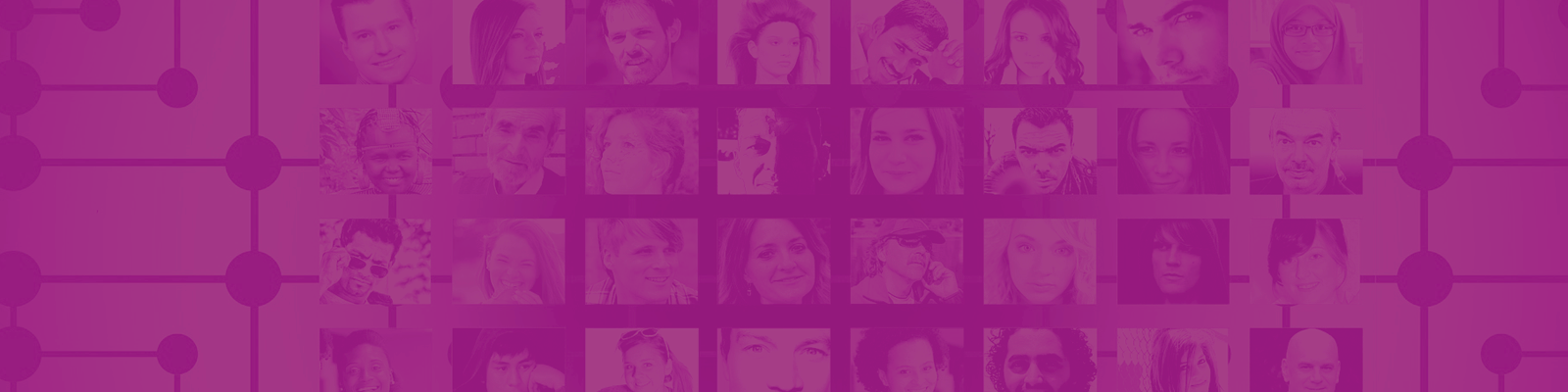 Purple image of people's faces connected via a network circuit