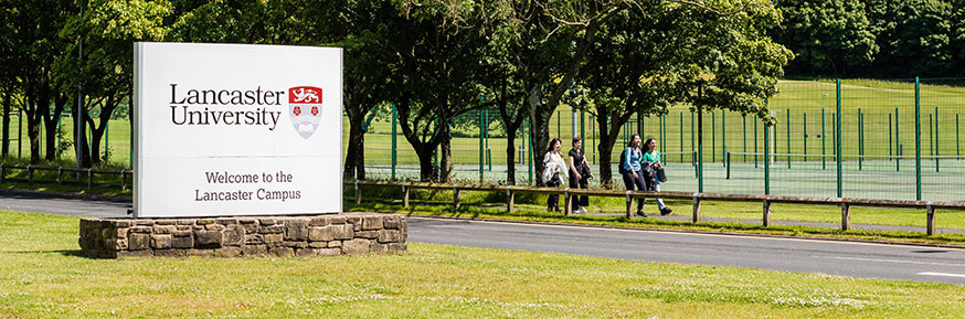 The 'welcome' sign at the main entrance to Lancaster University's campus