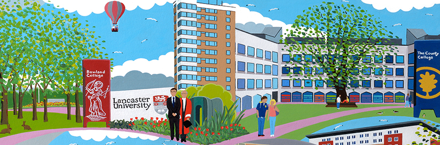 A section of the new artwork by Chas Jacobs which shows the Chancellor, the Rt Hon Alan Milburn (centre) and Jim Wood in his capacity as University Ceremonies marshall.