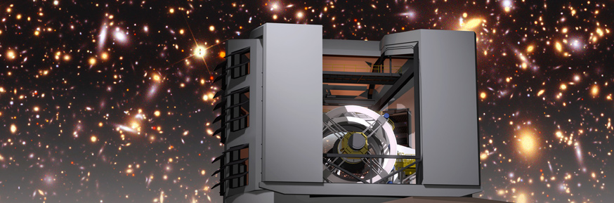 A simulated night sky with an illustration of the Large Synoptic Survey Telescope in Chile containing the world’s largest digital camera with 3.2 billion pixels