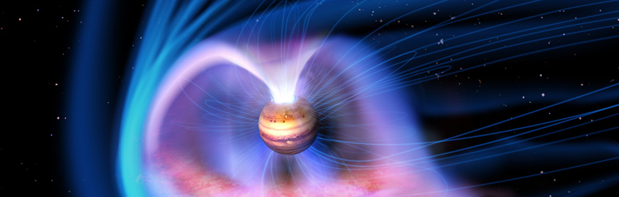 An artist’s illustration of how the Solar Wind Induces Jupiter’s X-ray Aurora courtesy of JAXA