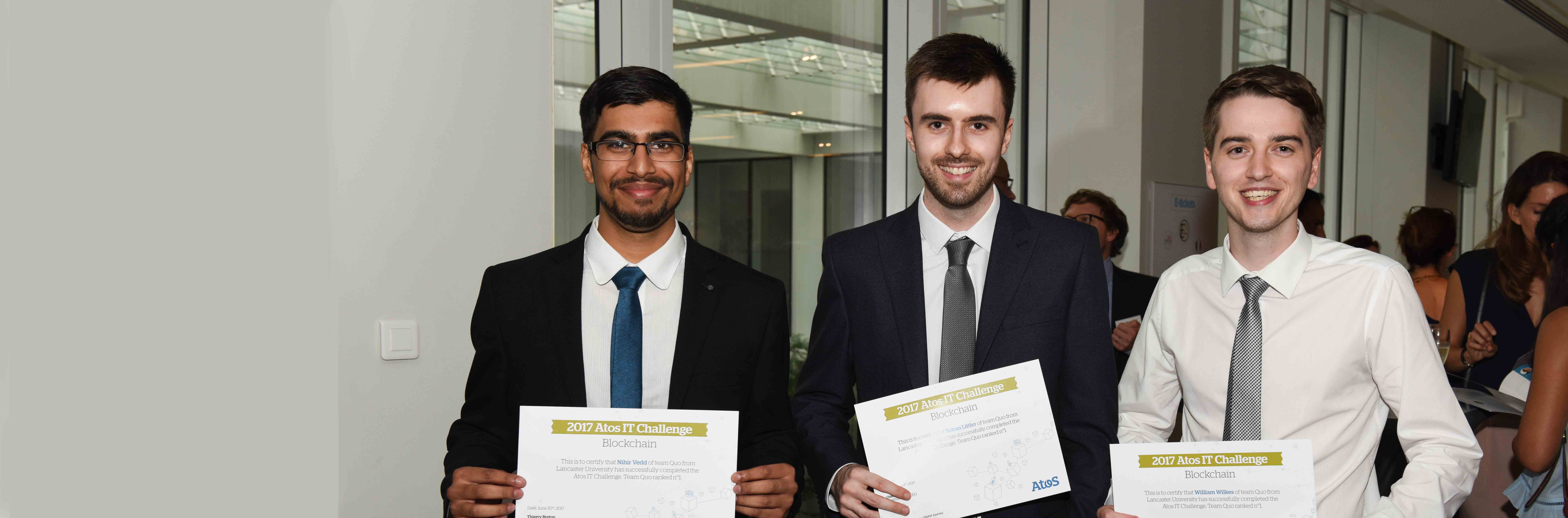 Nihir Vedd, Rohan Littler and William Wilkes, who won first place at the Atos IT Challenge 2017 