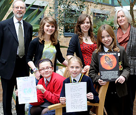 Dean of the Faculty of Science and Technology Professor Mary Smyth and LEC Co-Director Professor Graham Harris with Let's Cool It competition winners and Blackpool Sixth Form College students