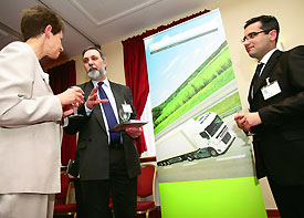 Green Logistics research cluster leader Professor Richard Eglese (Lancaster University), (centre) with Sue Merchant (President of the Operational Research Society) and Dr Tolga Bektas (University of Southampton)