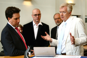 (L-R) Ed Miliband, Clive Grunshaw, Prof Graham Harris and Prof Bill Davies
