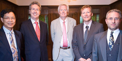 From left: Professor Jianhau Zhang (Hong Kong Baptist University), VC Professor Paul Wellings, Distinguished Professor Bill Davies (LEC), Dr John Kirkegaard (CSIRO in Australia), Matthew Reynolds (CIMMYT Mexico)
