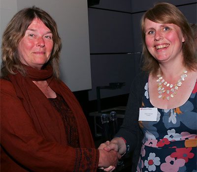 Cherry Canovan with Professor Amanda Cooper-Sarkar of Oxford University who presented her with the prize