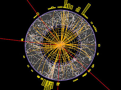 An event with four identified muons from a proton-proton collision in ATLAS. This event is consistent with coming from two Z particles decaying: both Z particles decay to two muons each. Such events are produced by Standard Model processes without Higgs particles. They are also a possible signature for Higgs particle production, but many events must be analysed together in order to tell if there is a Higgs signal. This view is a zoom into the central part of the detector. The four muons are picked out as red tracks. Other tracks and deposits of energy in the calorimeters are shown in yellow. Image copyright: CERN