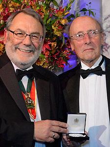 Image Professor David Lyth (right) at the awards ceremony with Professor Sir Peter Knight, President of the Institute of Physics
