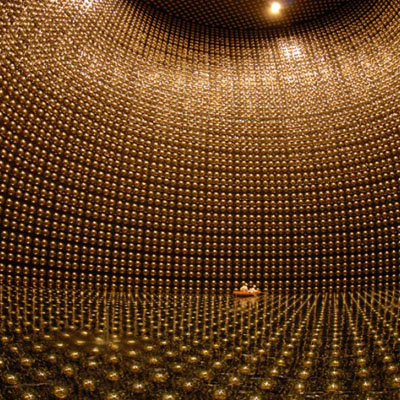 Photomultiplier tubes reflecting in the ultra-pure water that makes up the T2K detector