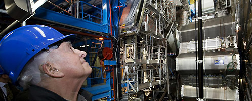 Peter Higgs visiting the ATLAS experiment at CERN; image courtesy of CERN