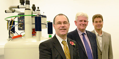 Vice-Chancellor of Lancaster University Professor Mark E. Smith (front left) with Head of Department Professor Peter Fielden (centre) and Professor David Middleton in the new Chemistry Department NMR Laboratory at Lancaster University