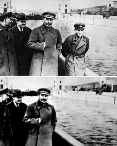 Now you see him, now you don?t. Stalin rewrites history. http://en.wikipedia.org/wiki/File:The_Commissar_Vanishes_2.jpg