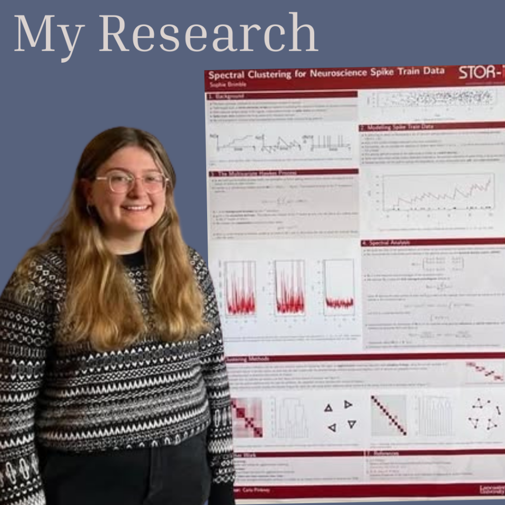Sophie smiling in front of poster. Click to visit My Research page.