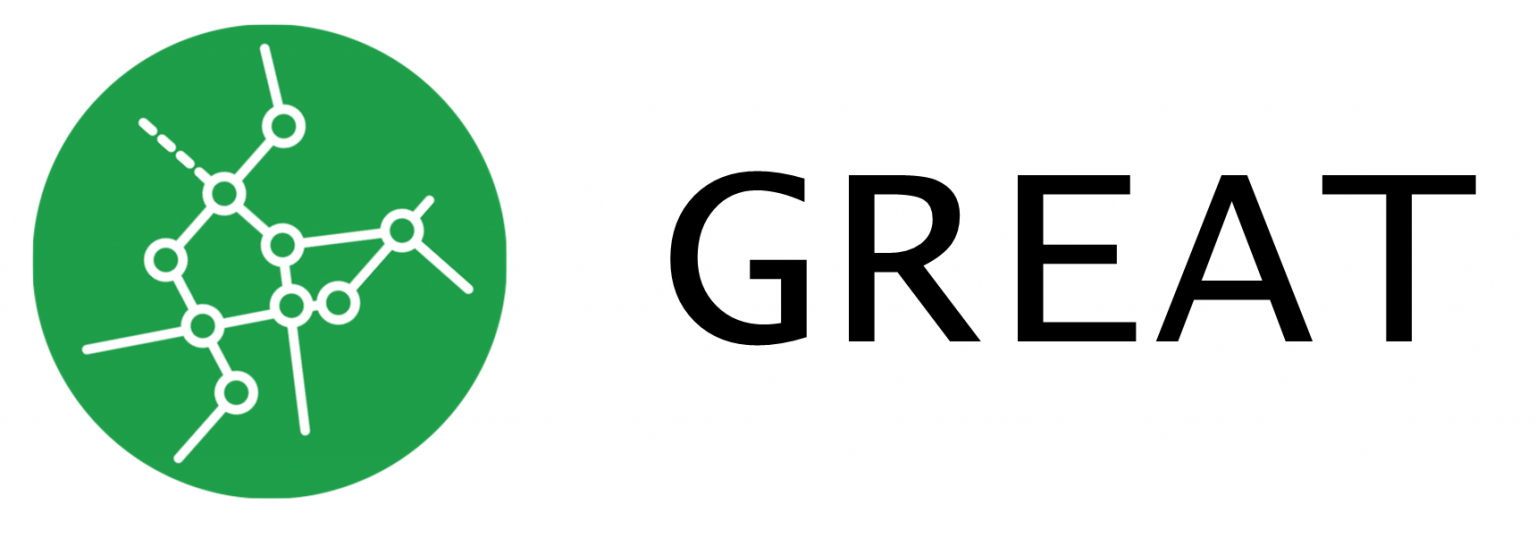 A green circle with white circles and lines connecting them to form a network within it. The word GREAT is written next to the green circle.