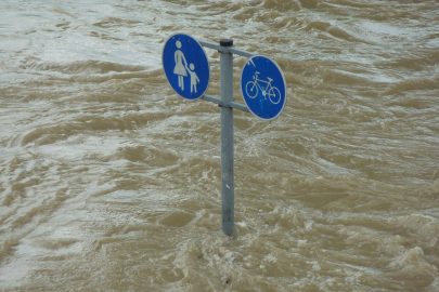 road sign showing cartoons of people walking and a bicycle. The sign is submerged in feet of dirty flood water.