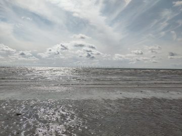wide view of sea and sky on a sunny day, with a windfarm on the horizon.