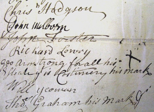 Picture of signatures and marks on enfranchisement paper, Liddell barony, 1758 
