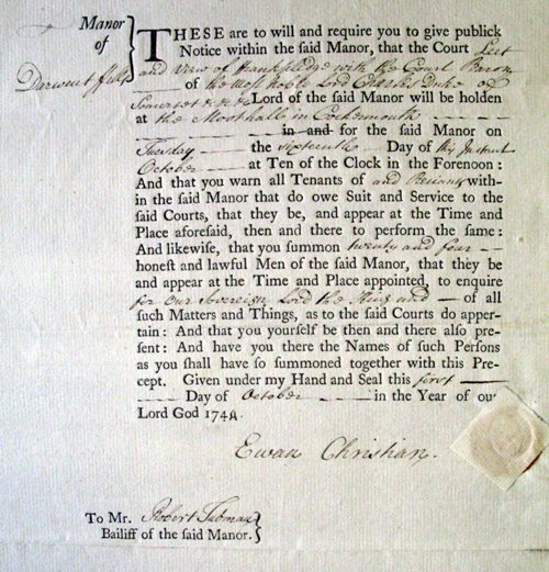 Picture of stewards' papers: precept for manor court of Derwentfells, 1744