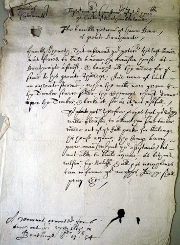 Picture of petition of Gaven Bowe of Braithwaite for timber to repair his house, 1654