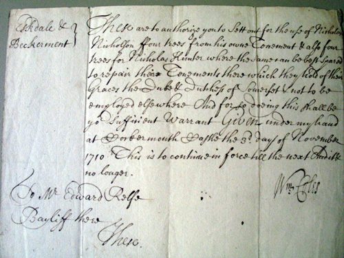 Picture of stewards' papers: warrant for timber, Eskdale, 1719