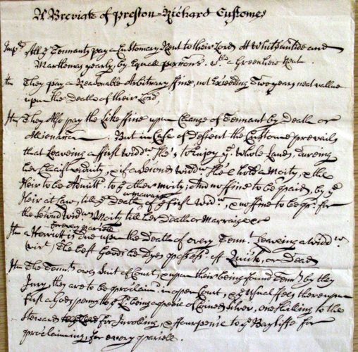Picture of summary of customs of the manor of Preston Richard, 1731