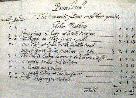 Picture showing contrasting descriptions of holdings at Boustead Hill, near Burgh by Sands, in the tenure of the Matthews family, 1589 and 1638