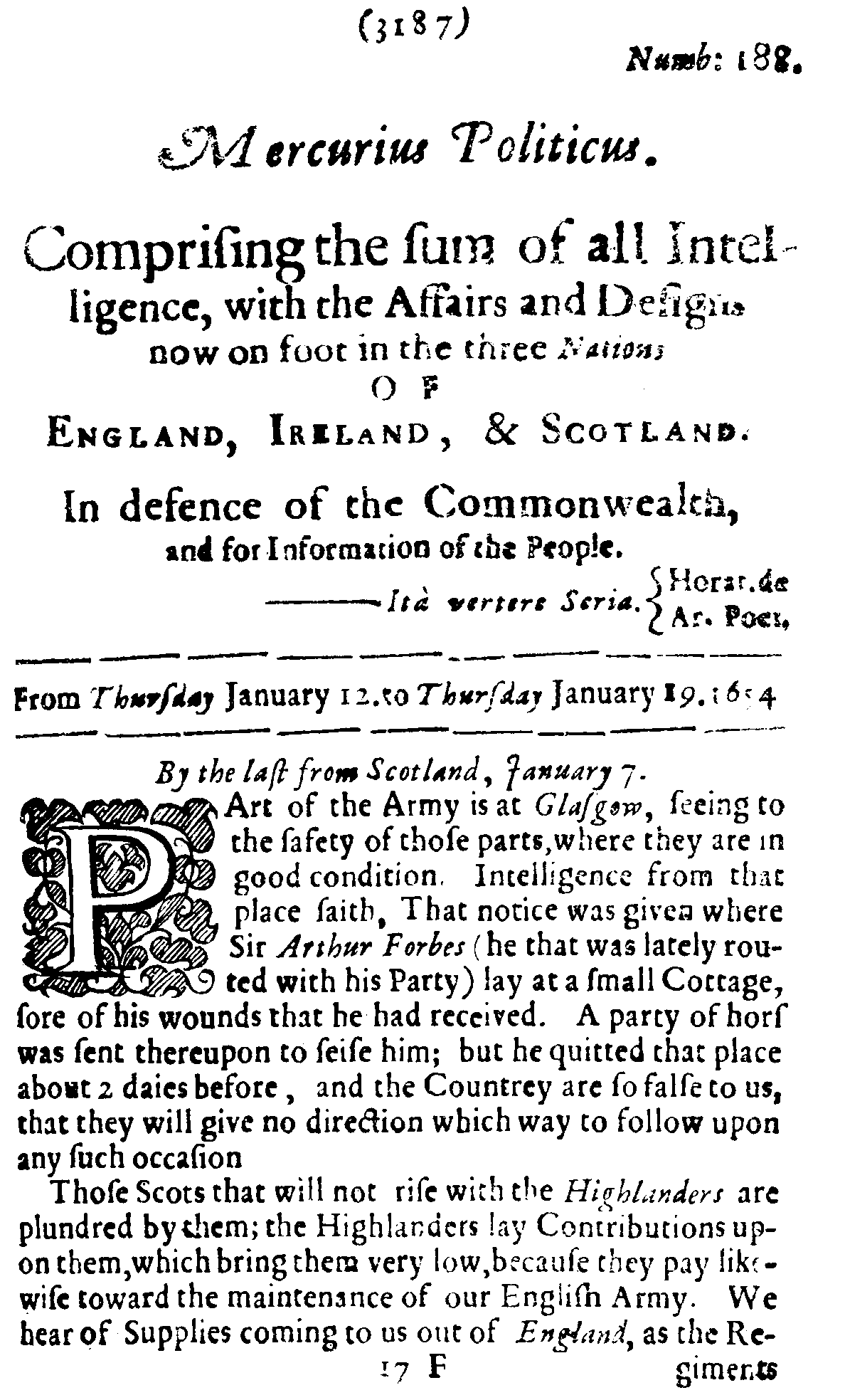 Mercurius Politicus, Issue 188, graphical scan for page 1