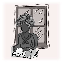 dark outline of lady sitting a desk with window behind and rain outside