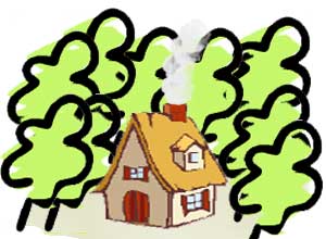 a picture of a house and a forest