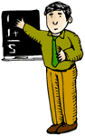man with shirt and tie pointing at blackboard