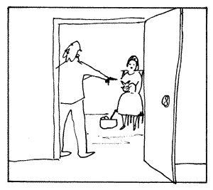 sketch of woman sitting in a room  stroking a cat and man standing in doorway holding a gun